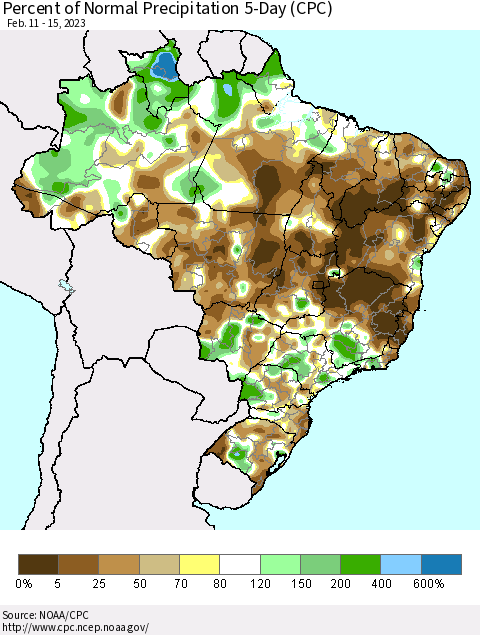Brazil Percent of Normal Precipitation 5-Day (CPC) Thematic Map For 2/11/2023 - 2/15/2023