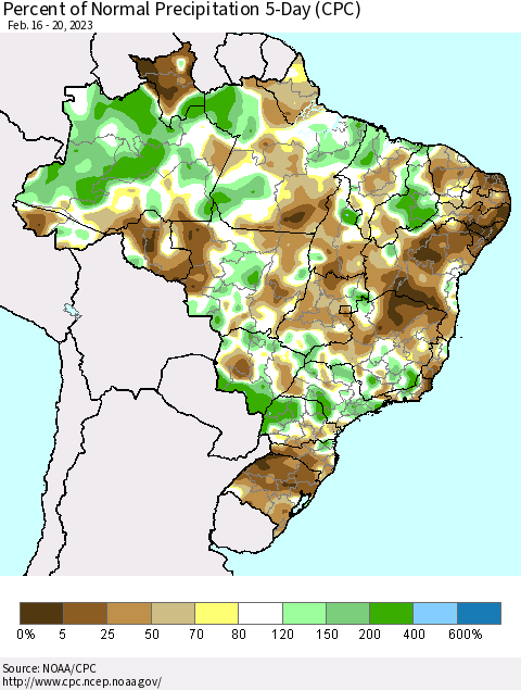 Brazil Percent of Normal Precipitation 5-Day (CPC) Thematic Map For 2/16/2023 - 2/20/2023