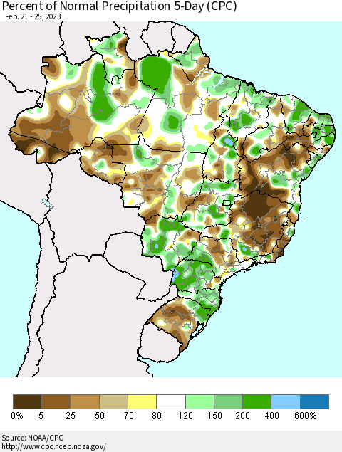Brazil Percent of Normal Precipitation 5-Day (CPC) Thematic Map For 2/21/2023 - 2/25/2023