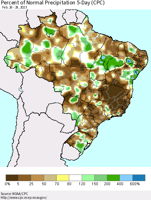 Brazil Percent of Normal Precipitation 5-Day (CPC) Thematic Map For 2/26/2023 - 2/28/2023