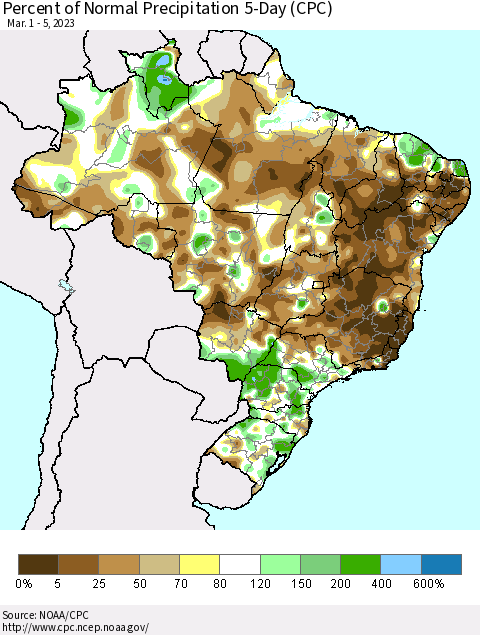 Brazil Percent of Normal Precipitation 5-Day (CPC) Thematic Map For 3/1/2023 - 3/5/2023