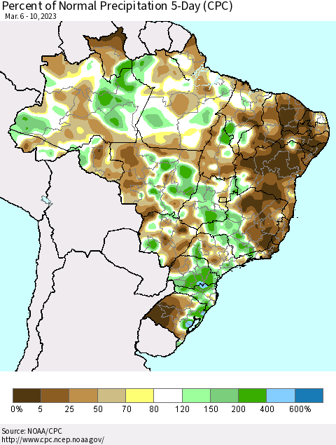 Brazil Percent of Normal Precipitation 5-Day (CPC) Thematic Map For 3/6/2023 - 3/10/2023