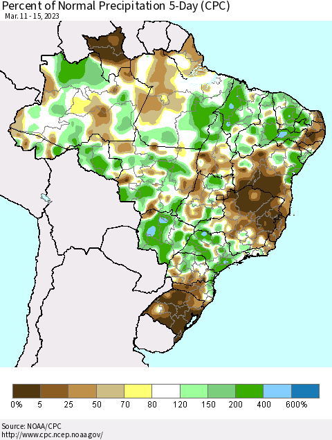 Brazil Percent of Normal Precipitation 5-Day (CPC) Thematic Map For 3/11/2023 - 3/15/2023