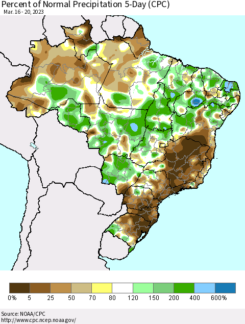 Brazil Percent of Normal Precipitation 5-Day (CPC) Thematic Map For 3/16/2023 - 3/20/2023