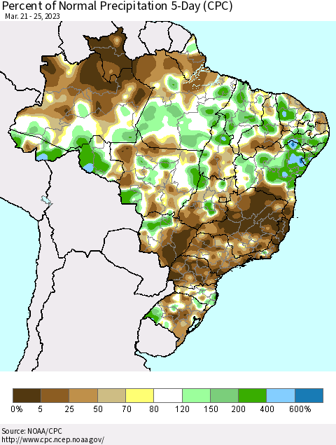 Brazil Percent of Normal Precipitation 5-Day (CPC) Thematic Map For 3/21/2023 - 3/25/2023