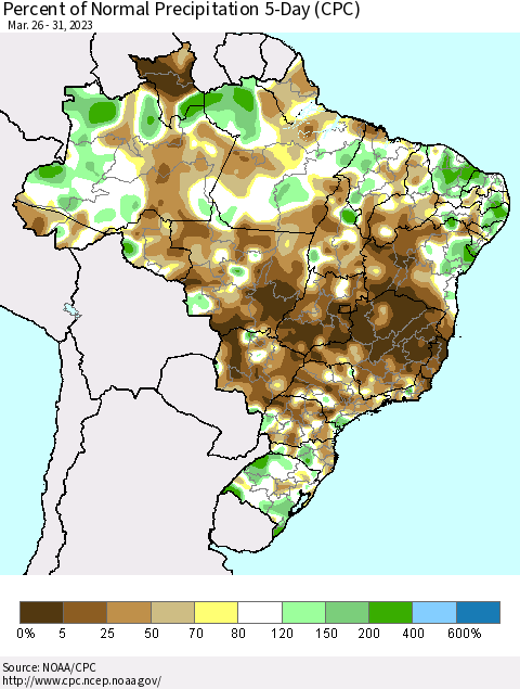 Brazil Percent of Normal Precipitation 5-Day (CPC) Thematic Map For 3/26/2023 - 3/31/2023