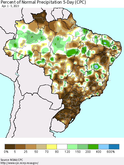 Brazil Percent of Normal Precipitation 5-Day (CPC) Thematic Map For 4/1/2023 - 4/5/2023