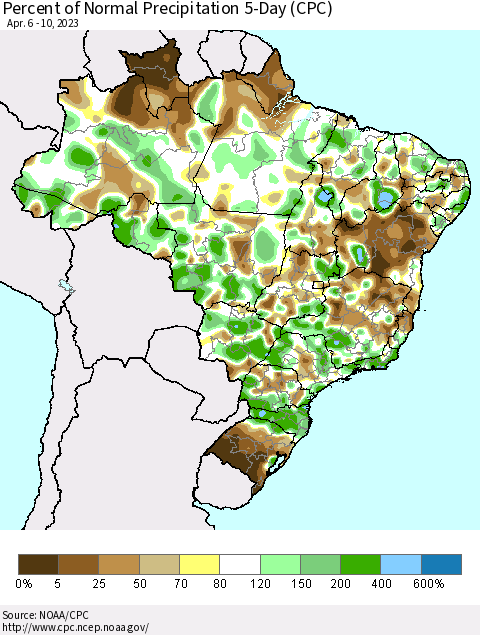Brazil Percent of Normal Precipitation 5-Day (CPC) Thematic Map For 4/6/2023 - 4/10/2023