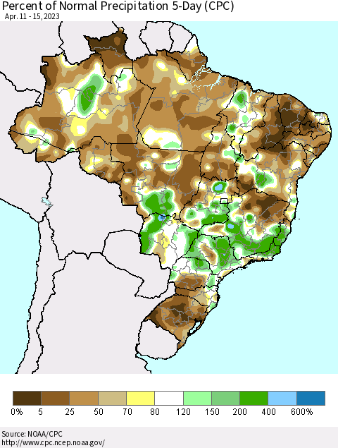 Brazil Percent of Normal Precipitation 5-Day (CPC) Thematic Map For 4/11/2023 - 4/15/2023