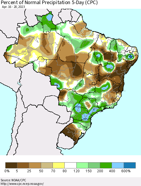 Brazil Percent of Normal Precipitation 5-Day (CPC) Thematic Map For 4/16/2023 - 4/20/2023