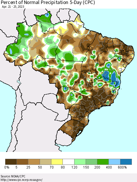 Brazil Percent of Normal Precipitation 5-Day (CPC) Thematic Map For 4/21/2023 - 4/25/2023