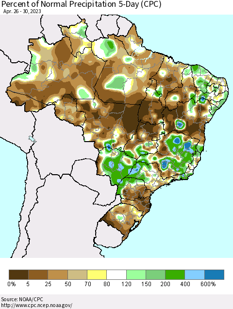 Brazil Percent of Normal Precipitation 5-Day (CPC) Thematic Map For 4/26/2023 - 4/30/2023
