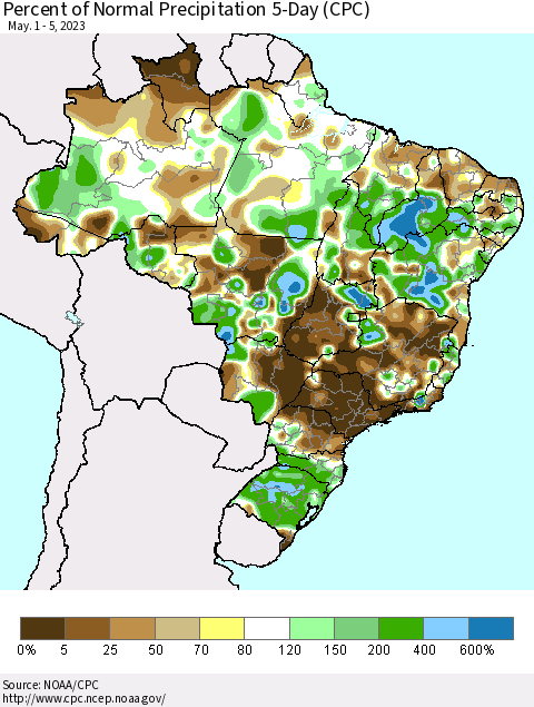 Brazil Percent of Normal Precipitation 5-Day (CPC) Thematic Map For 5/1/2023 - 5/5/2023