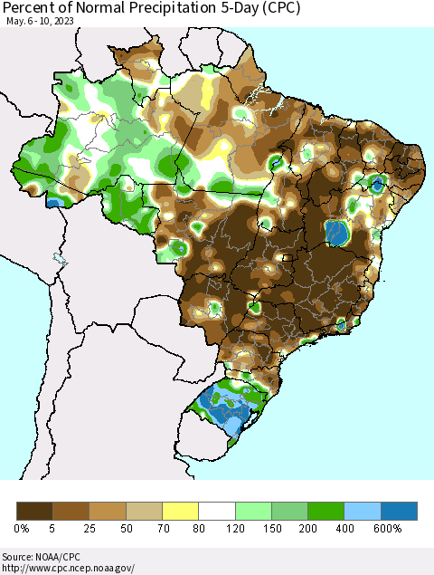 Brazil Percent of Normal Precipitation 5-Day (CPC) Thematic Map For 5/6/2023 - 5/10/2023