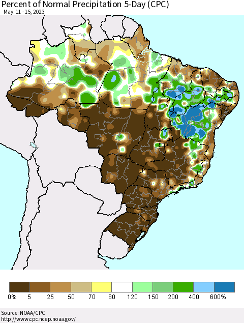 Brazil Percent of Normal Precipitation 5-Day (CPC) Thematic Map For 5/11/2023 - 5/15/2023