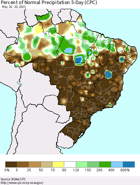 Brazil Percent of Normal Precipitation 5-Day (CPC) Thematic Map For 5/16/2023 - 5/20/2023