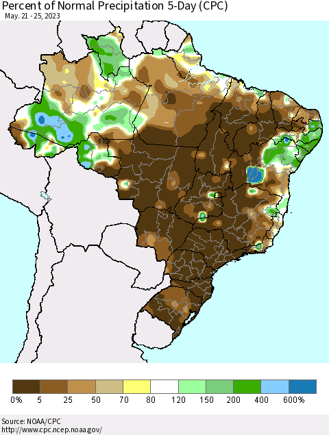 Brazil Percent of Normal Precipitation 5-Day (CPC) Thematic Map For 5/21/2023 - 5/25/2023