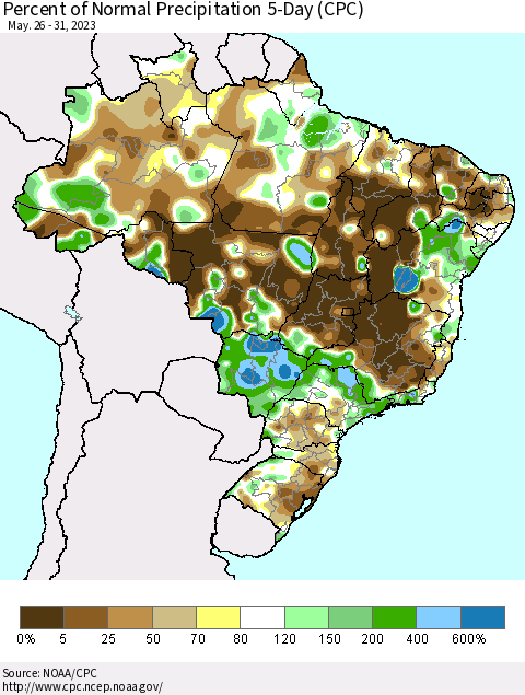 Brazil Percent of Normal Precipitation 5-Day (CPC) Thematic Map For 5/26/2023 - 5/31/2023