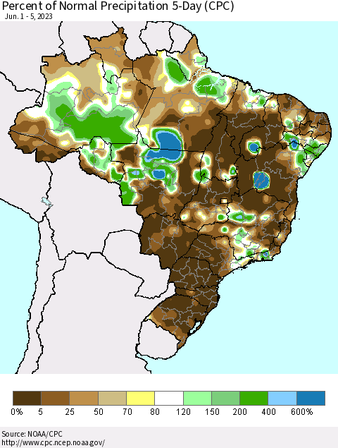 Brazil Percent of Normal Precipitation 5-Day (CPC) Thematic Map For 6/1/2023 - 6/5/2023