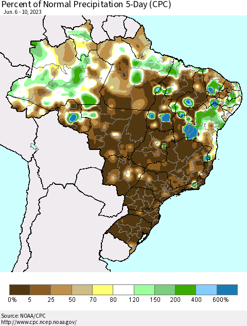 Brazil Percent of Normal Precipitation 5-Day (CPC) Thematic Map For 6/6/2023 - 6/10/2023