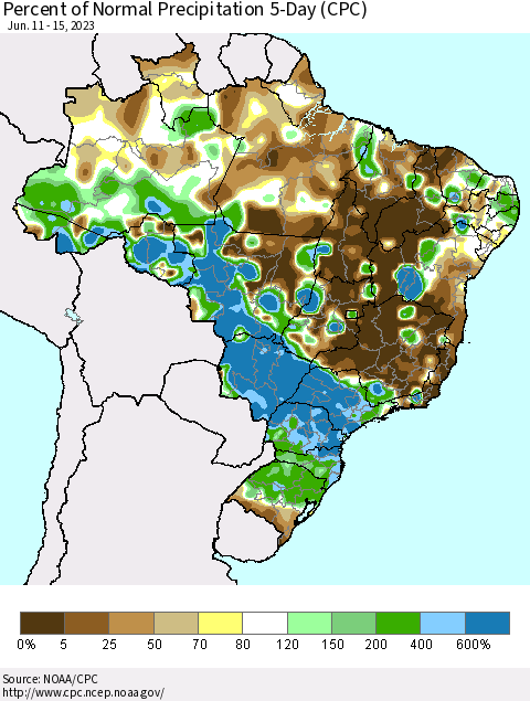 Brazil Percent of Normal Precipitation 5-Day (CPC) Thematic Map For 6/11/2023 - 6/15/2023