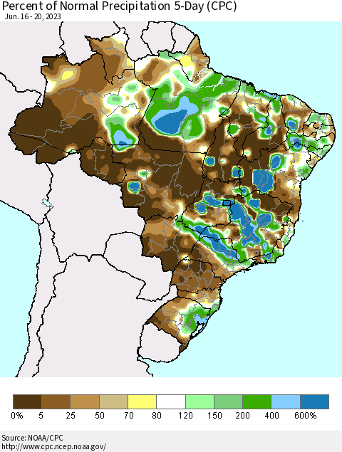 Brazil Percent of Normal Precipitation 5-Day (CPC) Thematic Map For 6/16/2023 - 6/20/2023