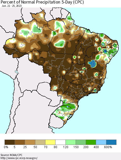 Brazil Percent of Normal Precipitation 5-Day (CPC) Thematic Map For 6/21/2023 - 6/25/2023