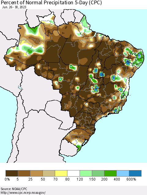Brazil Percent of Normal Precipitation 5-Day (CPC) Thematic Map For 6/26/2023 - 6/30/2023