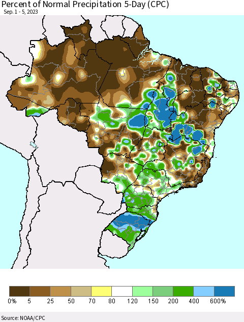 Brazil Percent of Normal Precipitation 5-Day (CPC) Thematic Map For 9/1/2023 - 9/5/2023