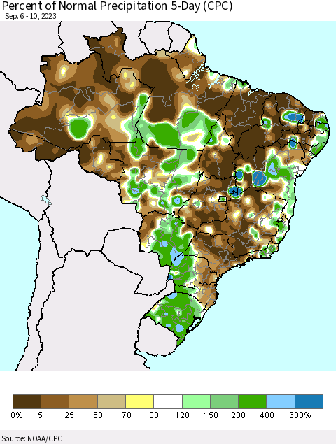 Brazil Percent of Normal Precipitation 5-Day (CPC) Thematic Map For 9/6/2023 - 9/10/2023
