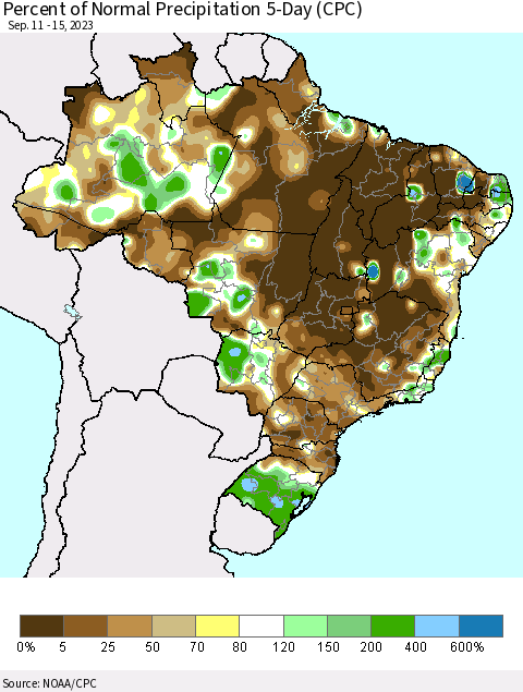 Brazil Percent of Normal Precipitation 5-Day (CPC) Thematic Map For 9/11/2023 - 9/15/2023