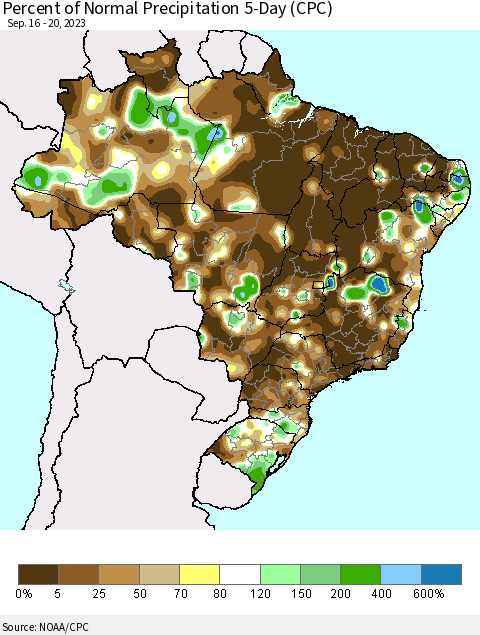 Brazil Percent of Normal Precipitation 5-Day (CPC) Thematic Map For 9/16/2023 - 9/20/2023
