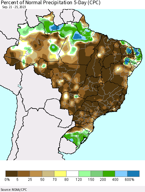 Brazil Percent of Normal Precipitation 5-Day (CPC) Thematic Map For 9/21/2023 - 9/25/2023