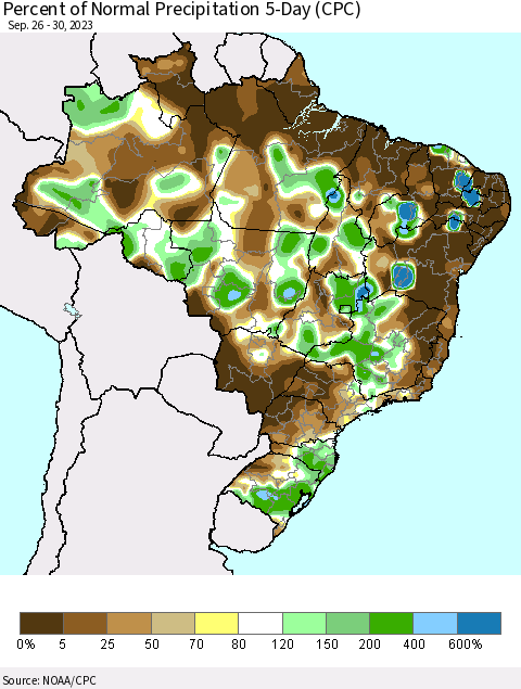 Brazil Percent of Normal Precipitation 5-Day (CPC) Thematic Map For 9/26/2023 - 9/30/2023
