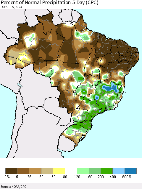Brazil Percent of Normal Precipitation 5-Day (CPC) Thematic Map For 10/1/2023 - 10/5/2023