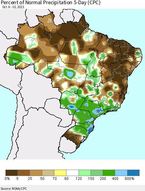 Brazil Percent of Normal Precipitation 5-Day (CPC) Thematic Map For 10/6/2023 - 10/10/2023