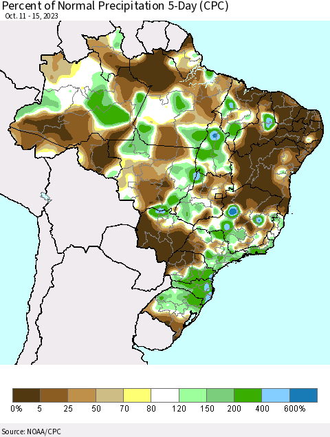 Brazil Percent of Normal Precipitation 5-Day (CPC) Thematic Map For 10/11/2023 - 10/15/2023