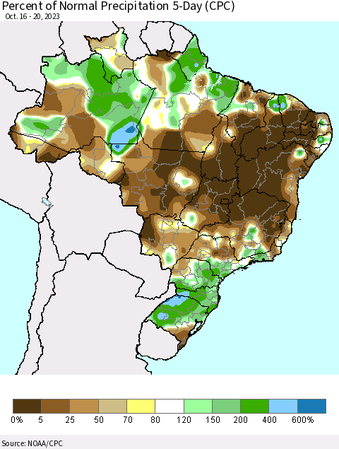 Brazil Percent of Normal Precipitation 5-Day (CPC) Thematic Map For 10/16/2023 - 10/20/2023