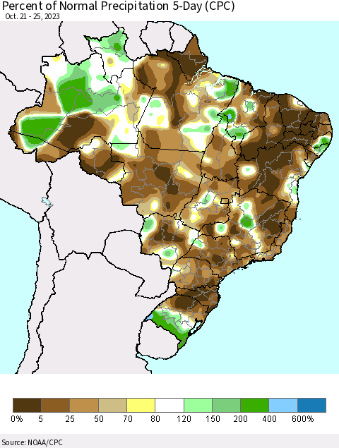 Brazil Percent of Normal Precipitation 5-Day (CPC) Thematic Map For 10/21/2023 - 10/25/2023