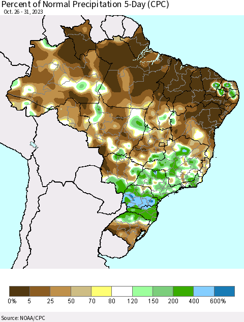 Brazil Percent of Normal Precipitation 5-Day (CPC) Thematic Map For 10/26/2023 - 10/31/2023