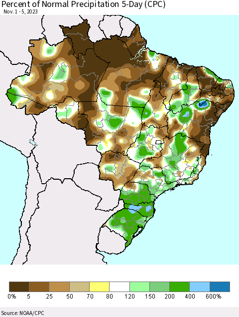 Brazil Percent of Normal Precipitation 5-Day (CPC) Thematic Map For 11/1/2023 - 11/5/2023