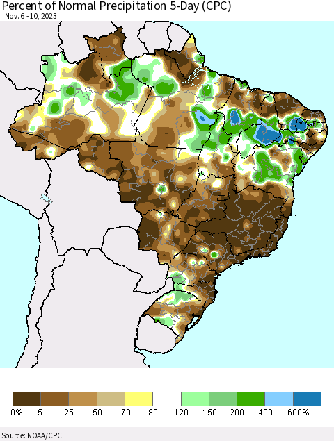 Brazil Percent of Normal Precipitation 5-Day (CPC) Thematic Map For 11/6/2023 - 11/10/2023
