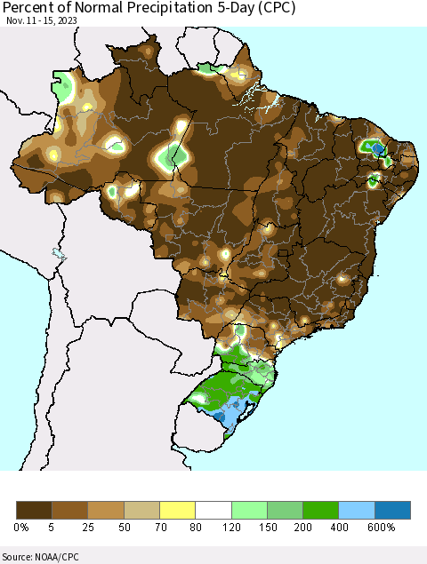 Brazil Percent of Normal Precipitation 5-Day (CPC) Thematic Map For 11/11/2023 - 11/15/2023