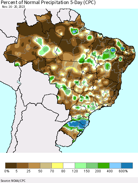 Brazil Percent of Normal Precipitation 5-Day (CPC) Thematic Map For 11/16/2023 - 11/20/2023