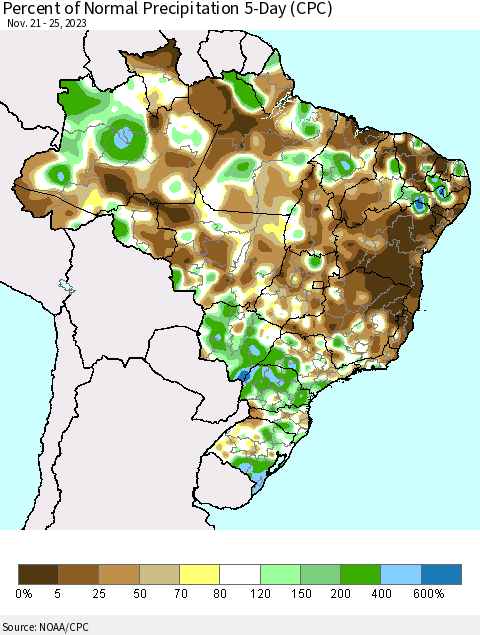 Brazil Percent of Normal Precipitation 5-Day (CPC) Thematic Map For 11/21/2023 - 11/25/2023