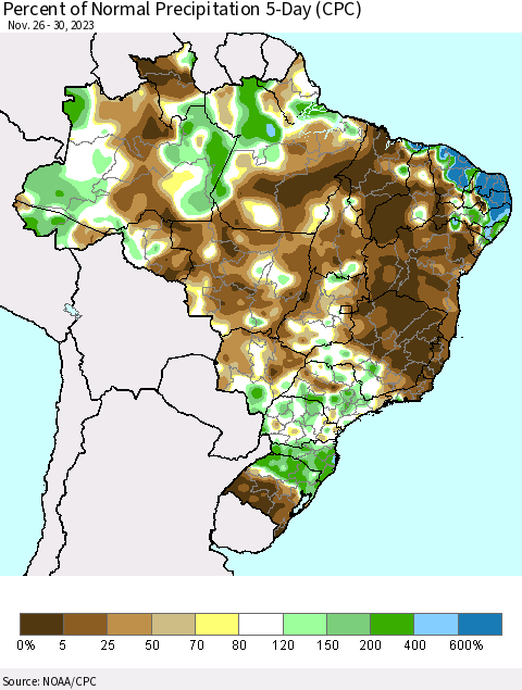 Brazil Percent of Normal Precipitation 5-Day (CPC) Thematic Map For 11/26/2023 - 11/30/2023