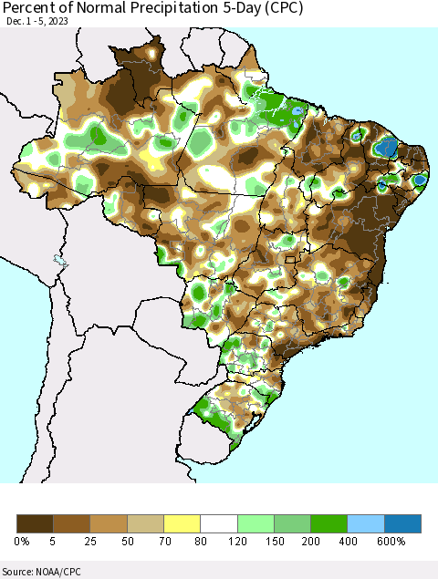 Brazil Percent of Normal Precipitation 5-Day (CPC) Thematic Map For 12/1/2023 - 12/5/2023