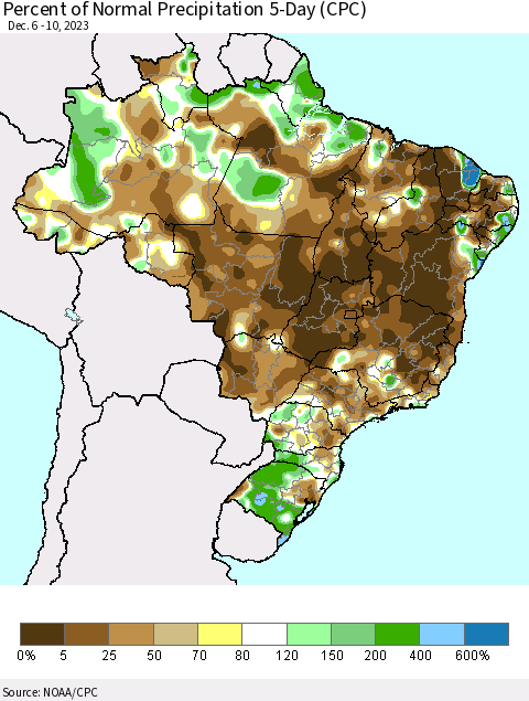 Brazil Percent of Normal Precipitation 5-Day (CPC) Thematic Map For 12/6/2023 - 12/10/2023