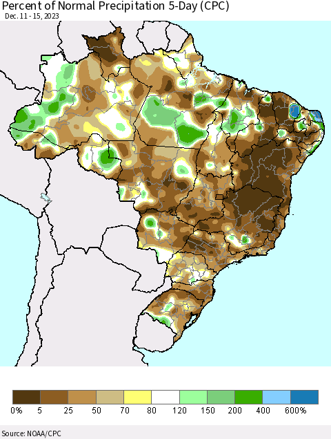 Brazil Percent of Normal Precipitation 5-Day (CPC) Thematic Map For 12/11/2023 - 12/15/2023