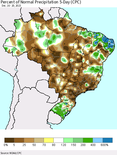 Brazil Percent of Normal Precipitation 5-Day (CPC) Thematic Map For 12/16/2023 - 12/20/2023